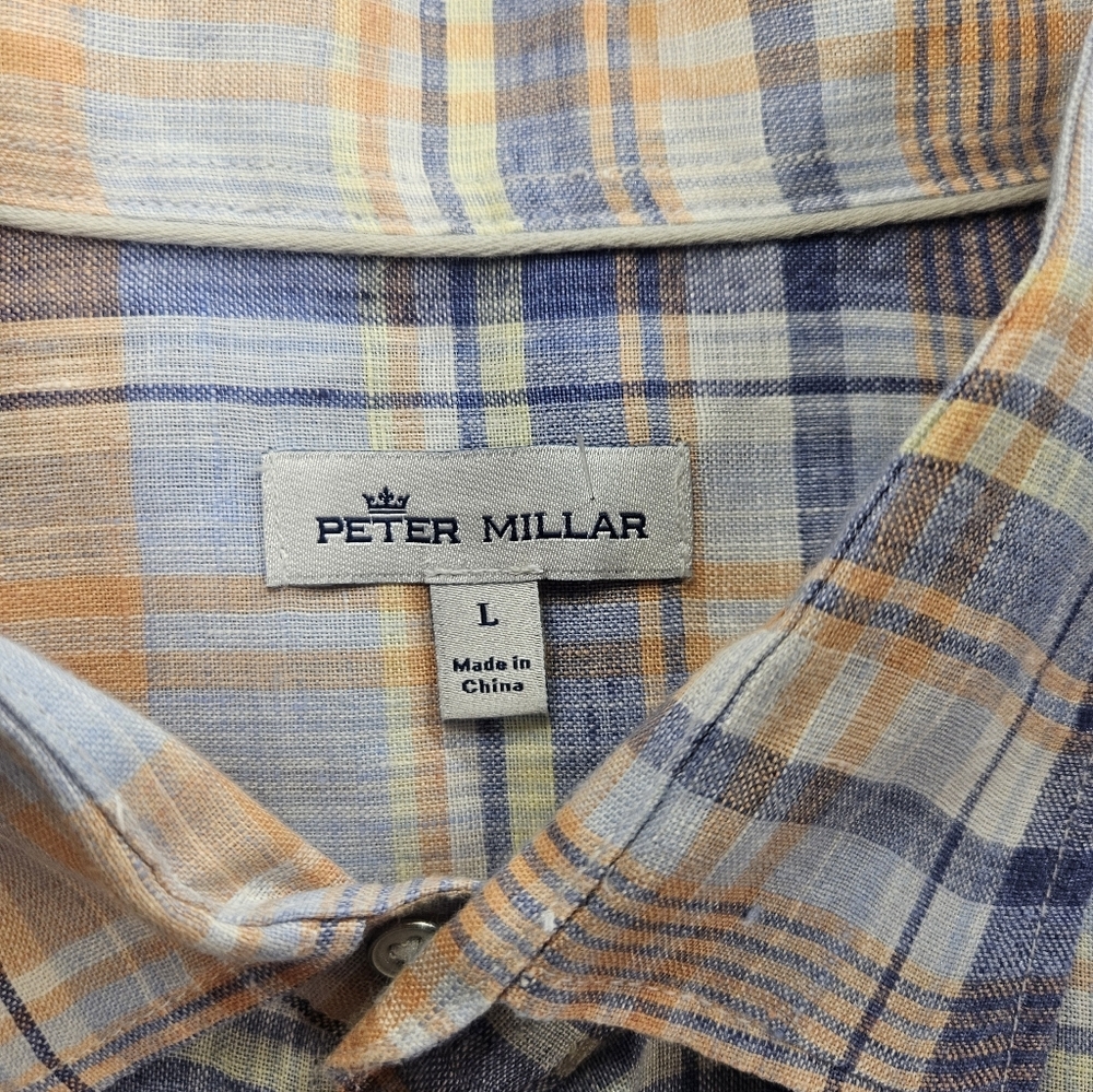 Peter Millar Linen Shirt Large Blue Orange Plaid Short Sleeve - Picture 2 of 6